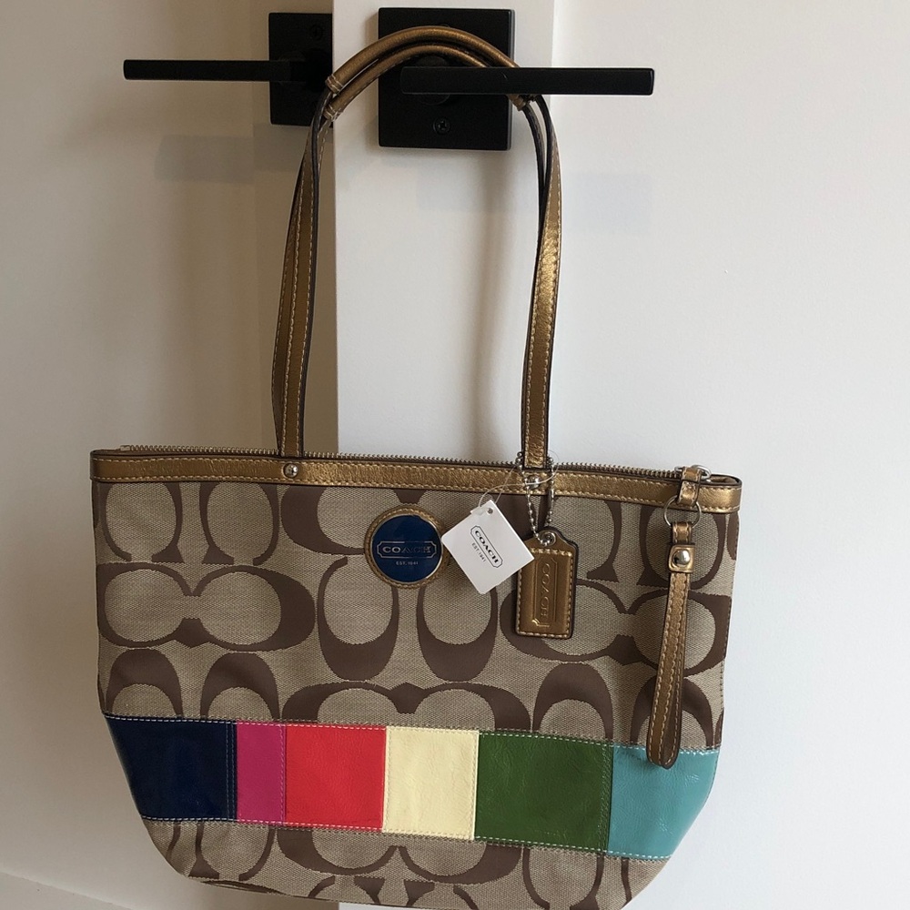 NWT COACH Khaki Signature Legacy Stripe Gold Leather Shoulder Tote/Purse F15588